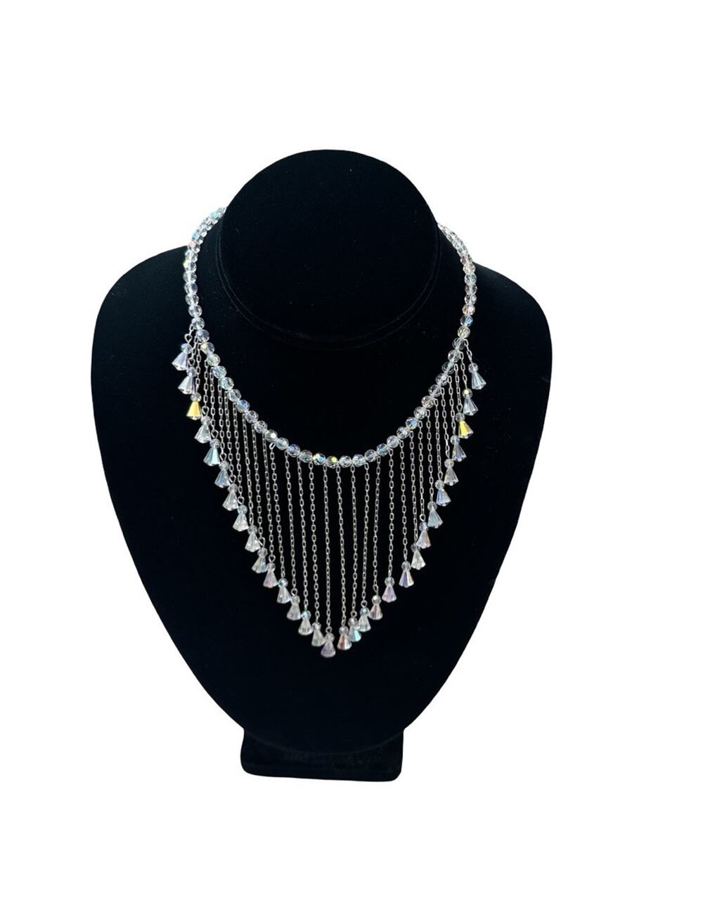 Swarovski Clear AB Crystal Fringe Bib Statement Necklace Silver Tone Swan